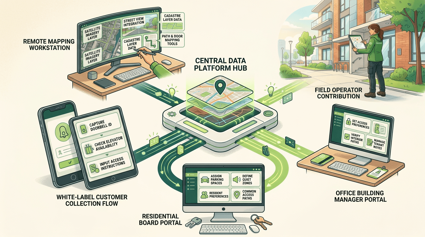 Illustration of the Happypath data collection suite connecting remote mapping, in-field collection, white-label flows, office portals, and board portals into one platform.