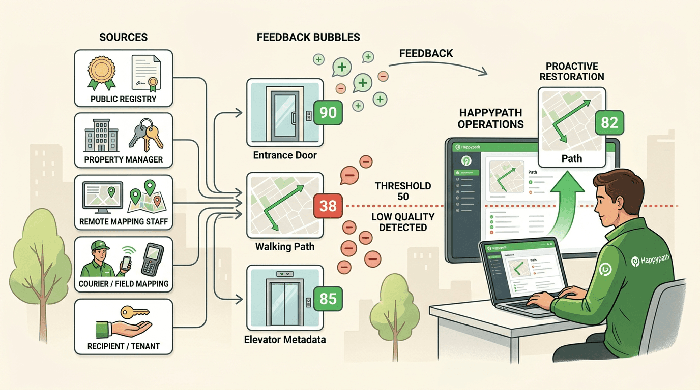 Illustration showing data sources, asset scores, feedback loops, the threshold, and Happypath Operations restoring quality