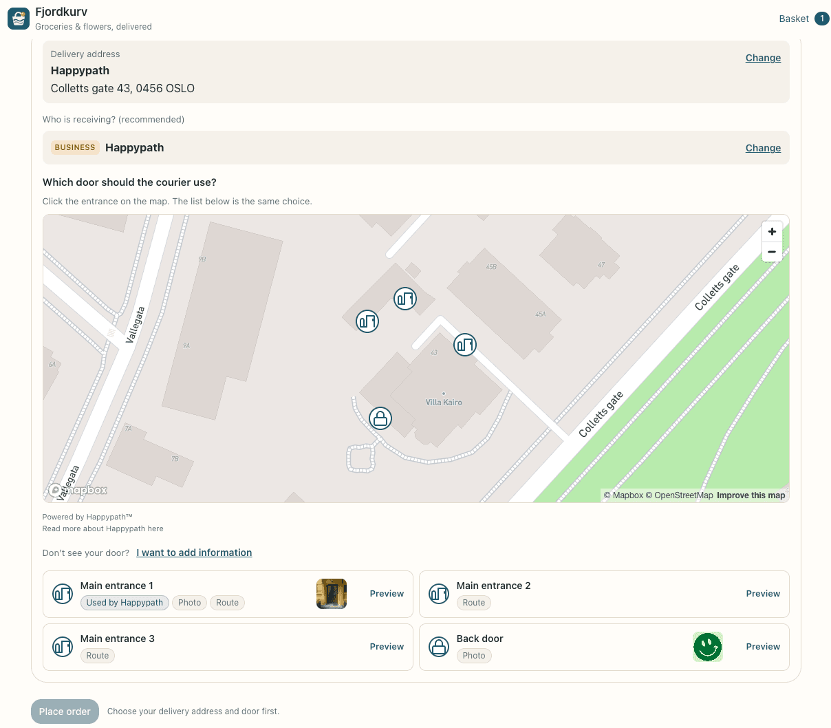 Happypath Checkout with the picked entrance and its photo