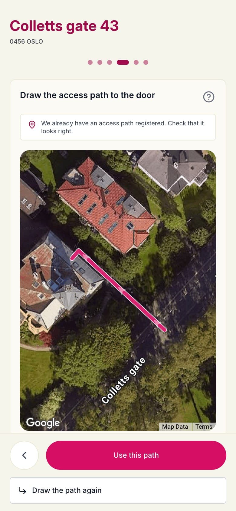 Happypath link on a phone: the access path drawn from the street to the door