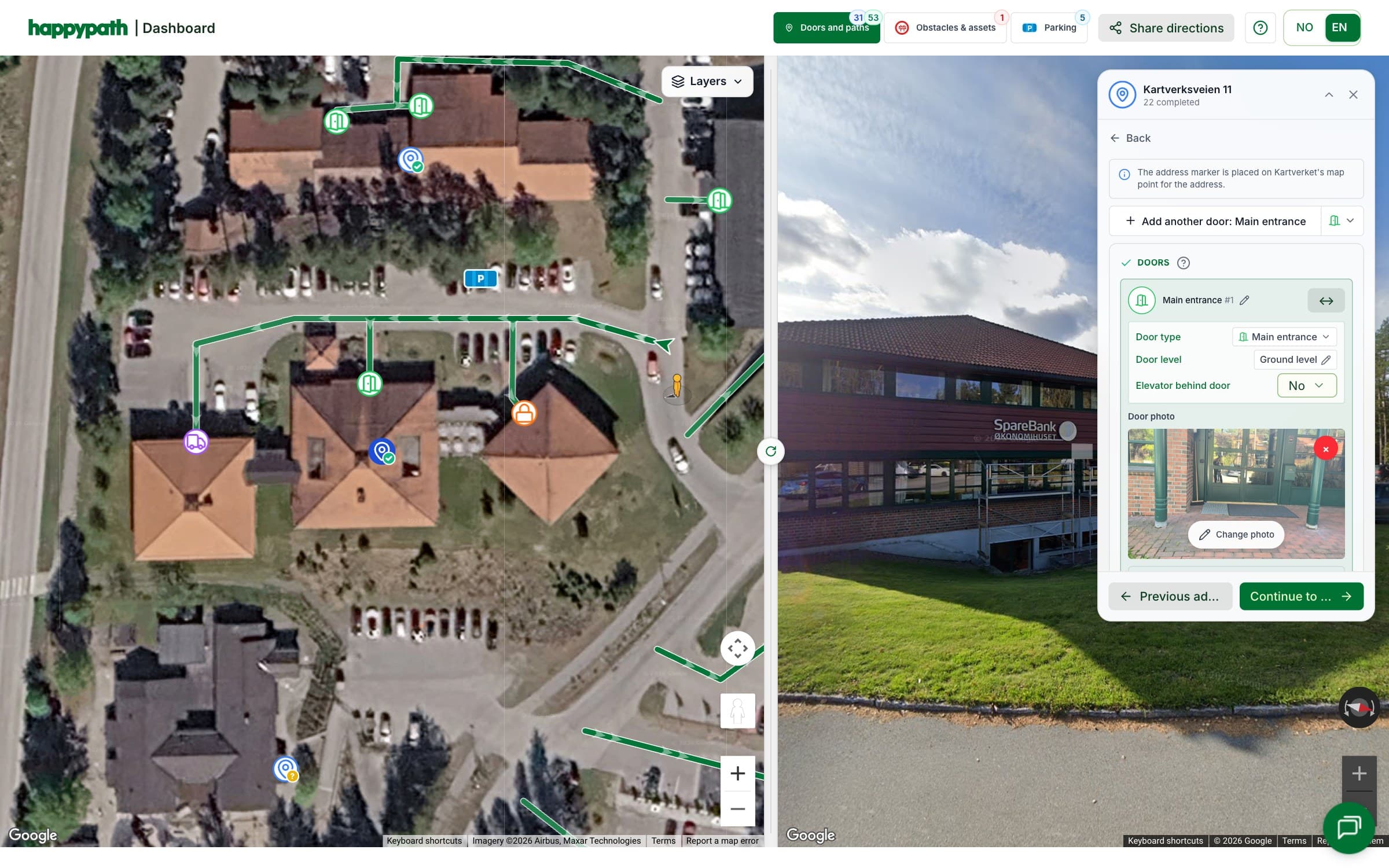 Happypath Dashboard with doors, paths and parking at Colletts gate 43