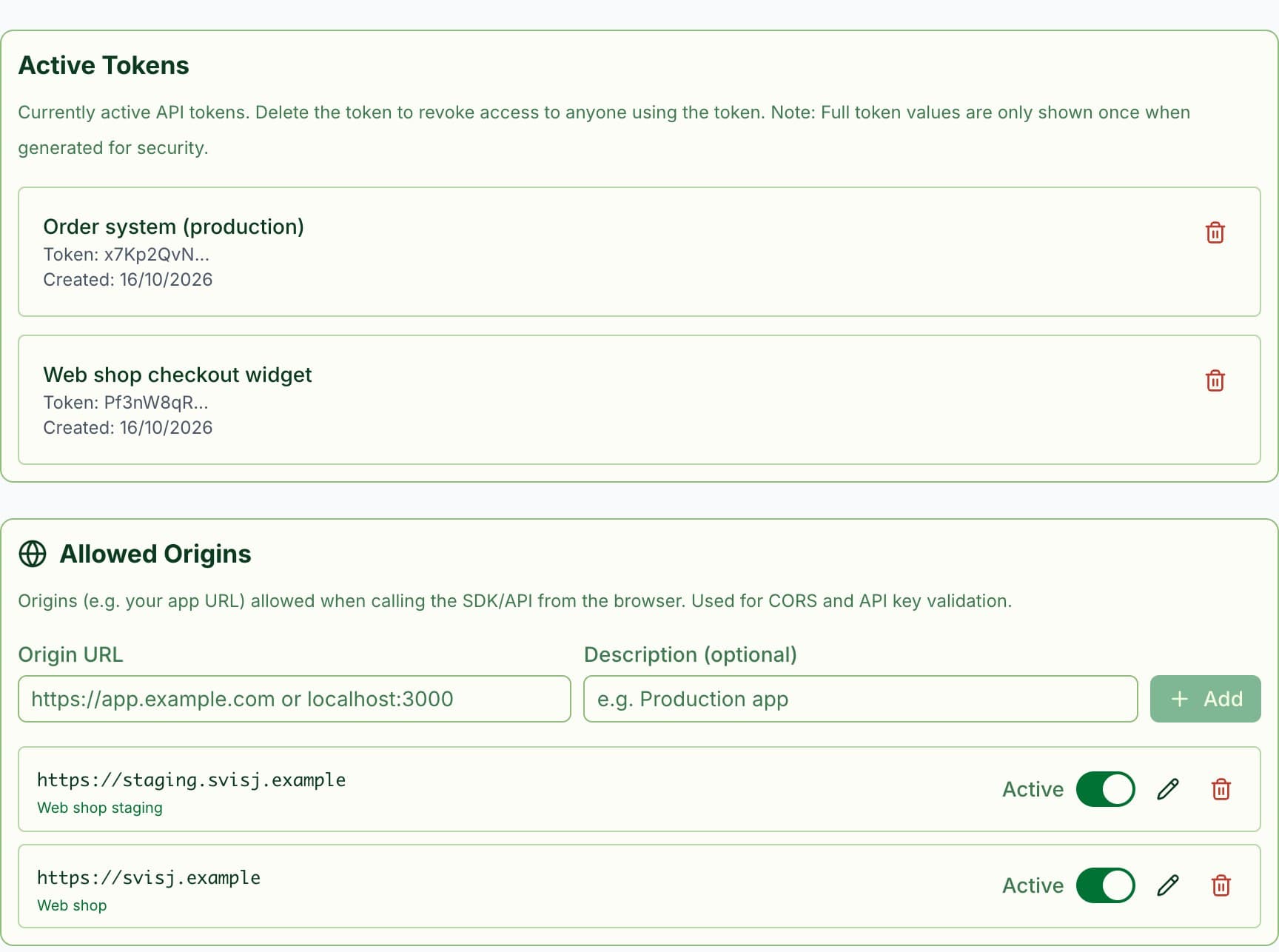 API keys and allowed origins for Svisj in the Partner Portal