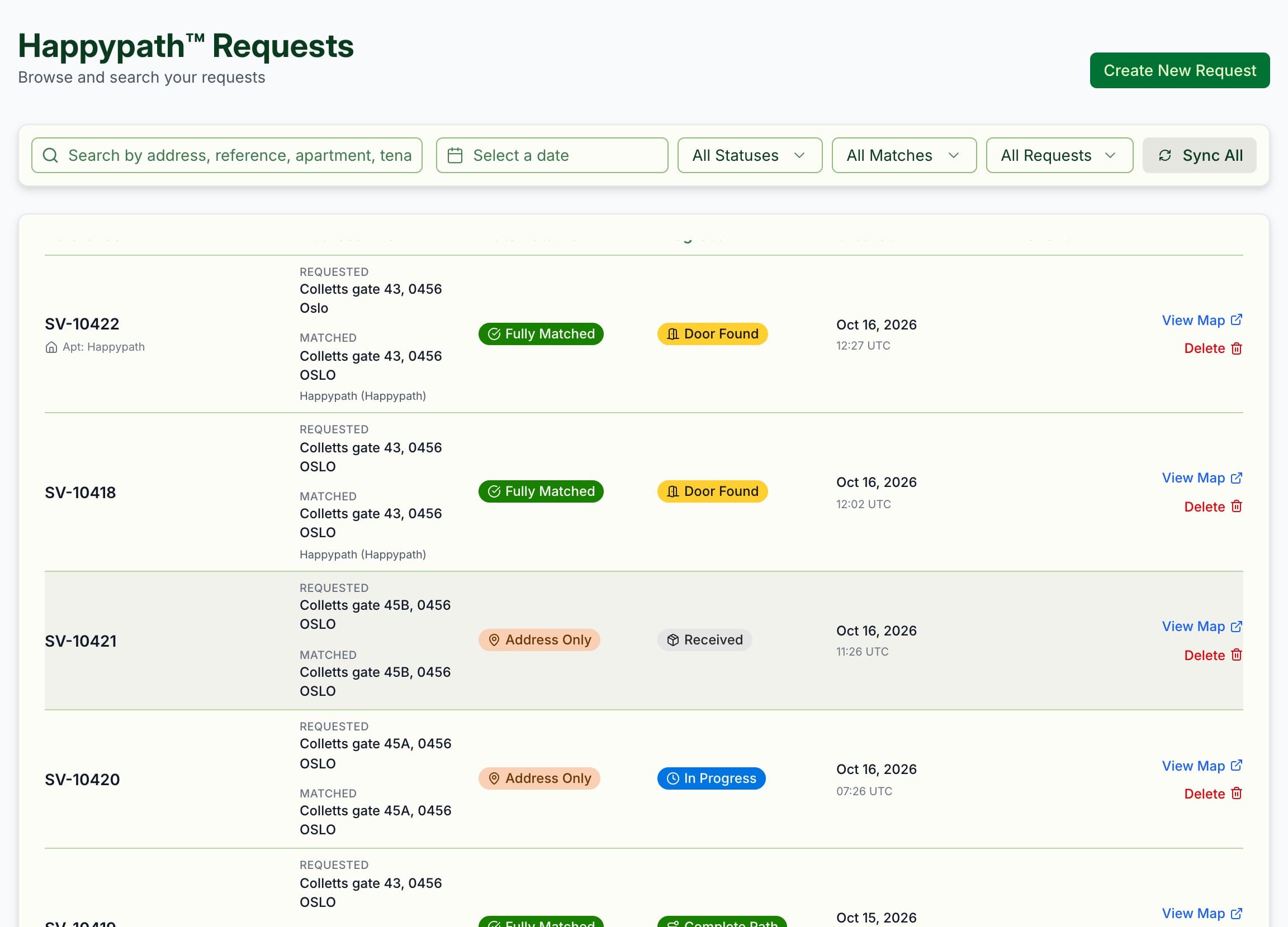 Svisj orders in the Happypath Partner Portal: each request shows whether the address, tenant and door were found