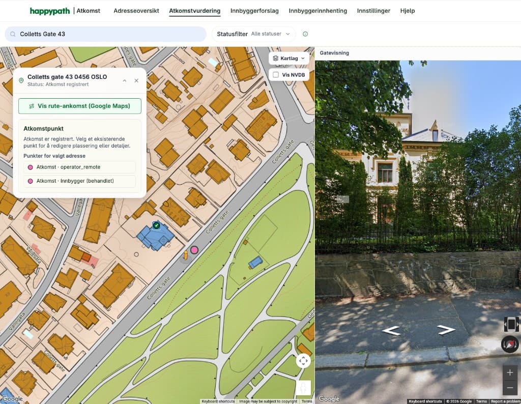 Happypath Atkomst: access-point assessment for Colletts gate 43 with the map and Street View