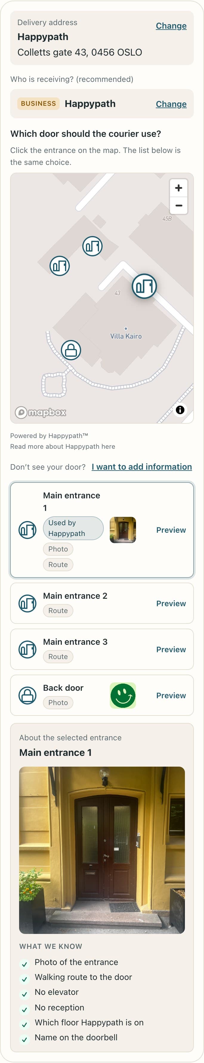 Happypath Checkout on a phone with the receiver, a map of the entrances and details for the picked door