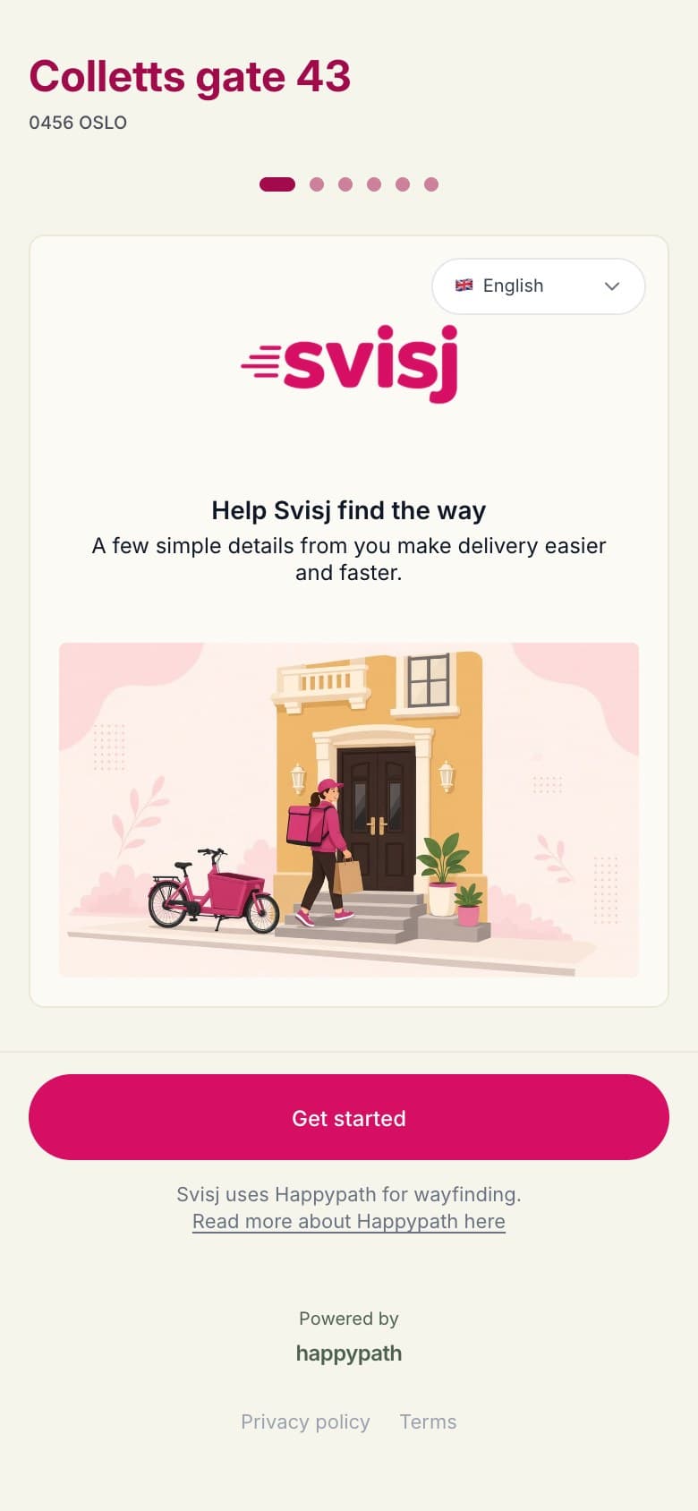 Collection link on a phone branded for Svisj, a made-up delivery company: logo, welcome picture and pink buttons