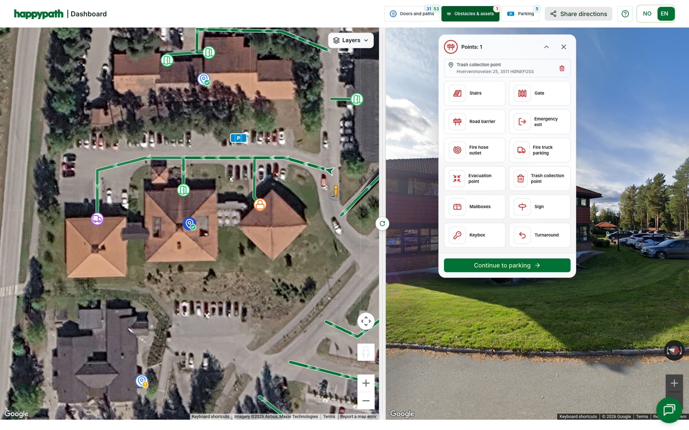 Obstacles and points in Happypath Dashboard: stairs, gate, road barrier, key box and the other point types, beside the satellite map of Kartverksveien 11 in Hønefoss
