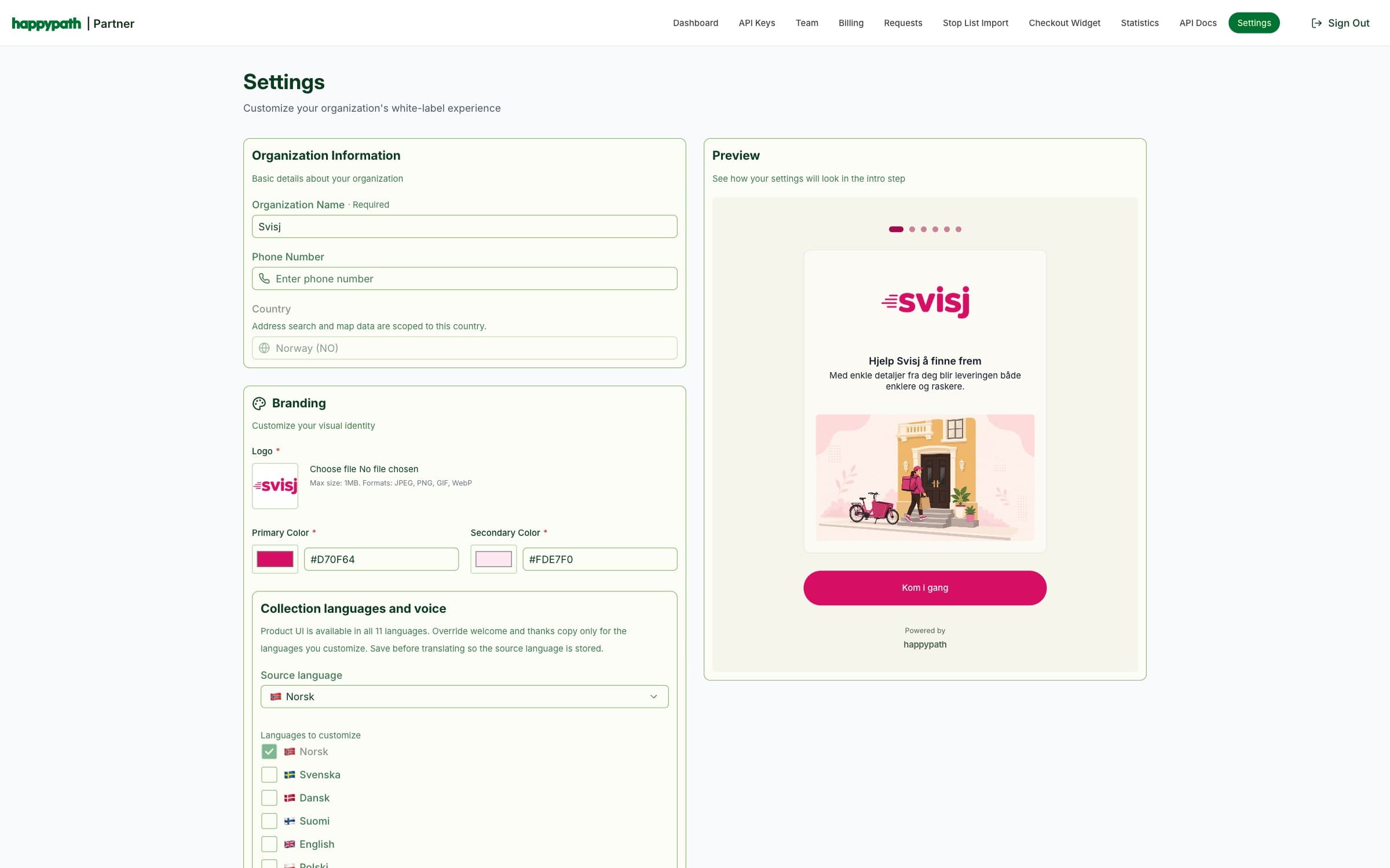 Svisj settings in the Happypath Partner Portal: logo, pink brand colours and a preview of the intro step